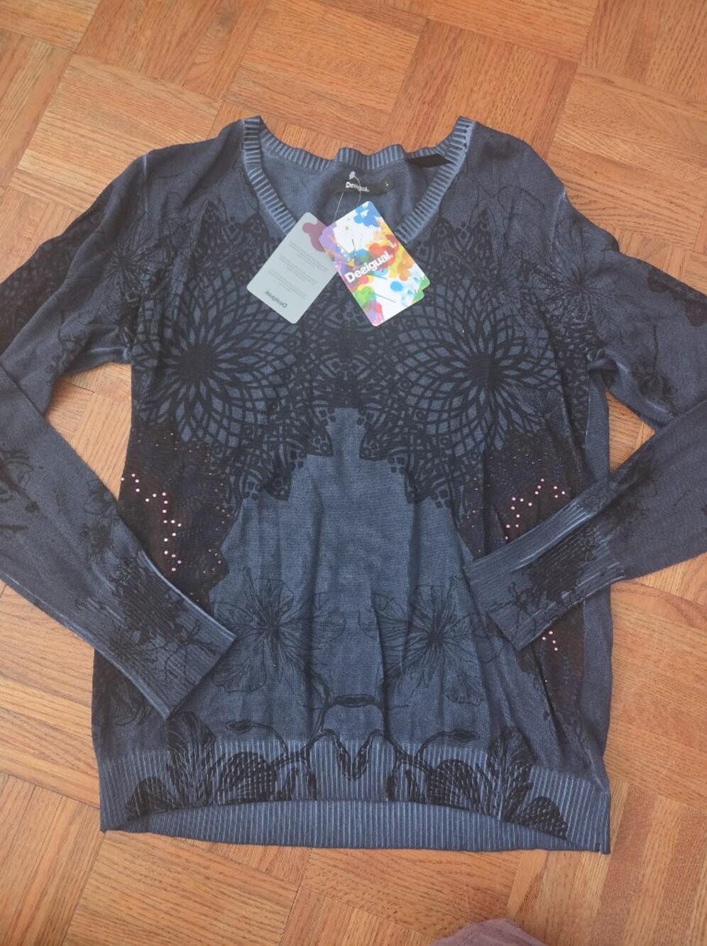 Desigual Women's Dark Gray Floral V-Neck Sweater